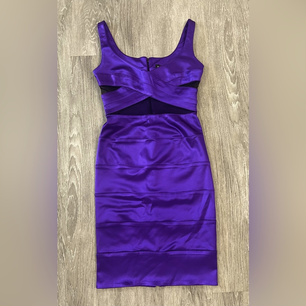 Bebe VINTAGE Purple Midi Bodycon Dress with Black Mesh cutouts- Size Small